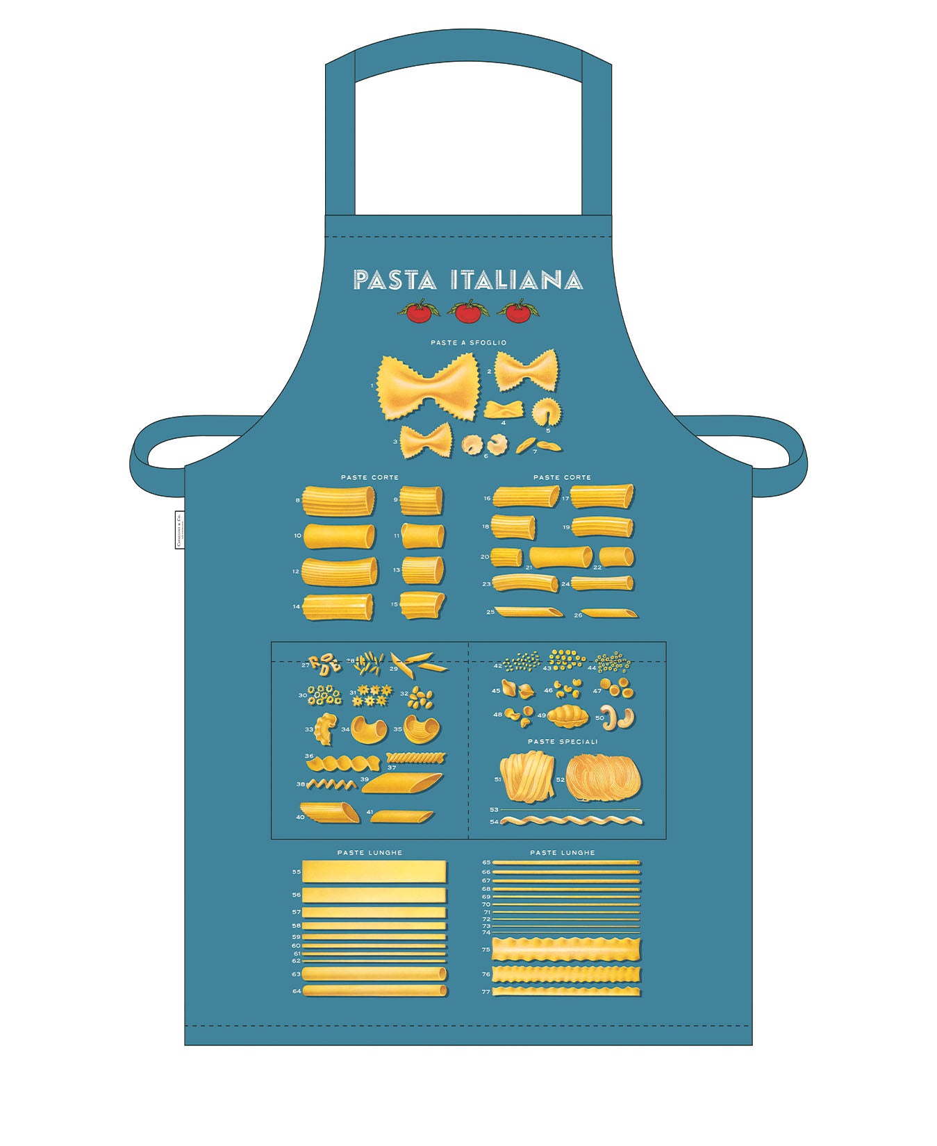 Cavallini & Co. Pasta Cotton Apron- Blue apron with pasta illustrations and 'Pasta Italiana' text on a white background