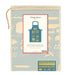Vintage apron packaging with pasta illustrations on a light blue background