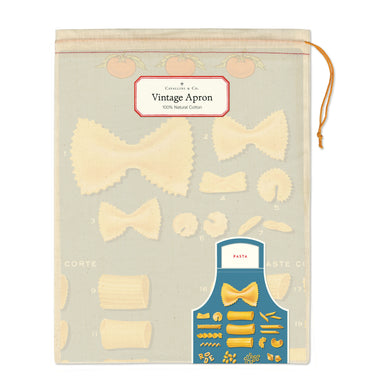 Vintage apron packaging with pasta shapes and a blue apron illustration on a light gray background.