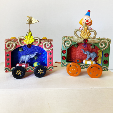 Vintage Circus Wagon Class samples- two wagons with miniature elephants and a clown