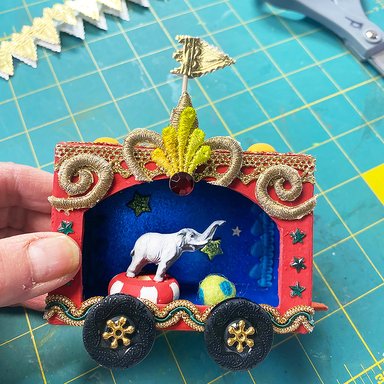 Vintage Circus Wagon Class sample- elepant with ball and star in miniature wagon