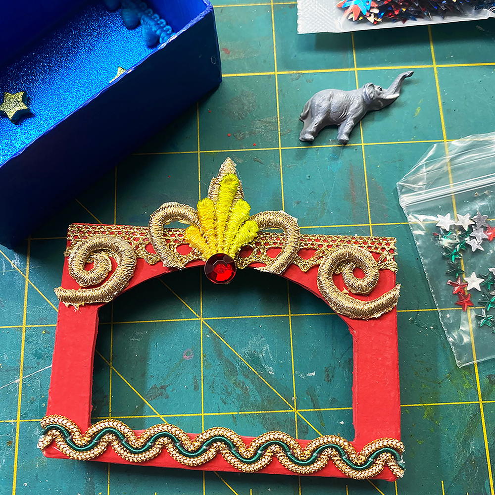Vintage Circus Wagon Class sample wagon in progress with small elephant and stars