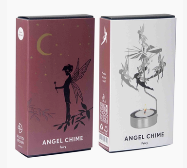 Two product boxes for 'Angel Chime' fairy candles by Pluto Design, shown side-by-side against a white background. The left box is dark dusty rose with a black silhouette of a fairy under a crescent moon, and the right box is white with a silver-toned fairy chime and candle illustration.
