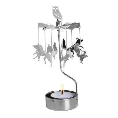 A silver metal animal mobile candle holder with an owl at the top and hanging fox, rabbit, and squirrel silhouettes, lit with a small tea light candle on a white background.