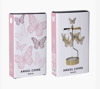 Two product boxes for Angel Chime Butterfly, one showing pink butterfly line art and the other showing a gold butterfly  chime candle holder with a lit candle inside.