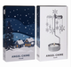 Two product boxes for an Angel Chime Snowfall, one showing an illustration of grey houses in snow white background and the other showing the silver metal snowflake chime with a tealight candle in a white box, set against a plain white background.