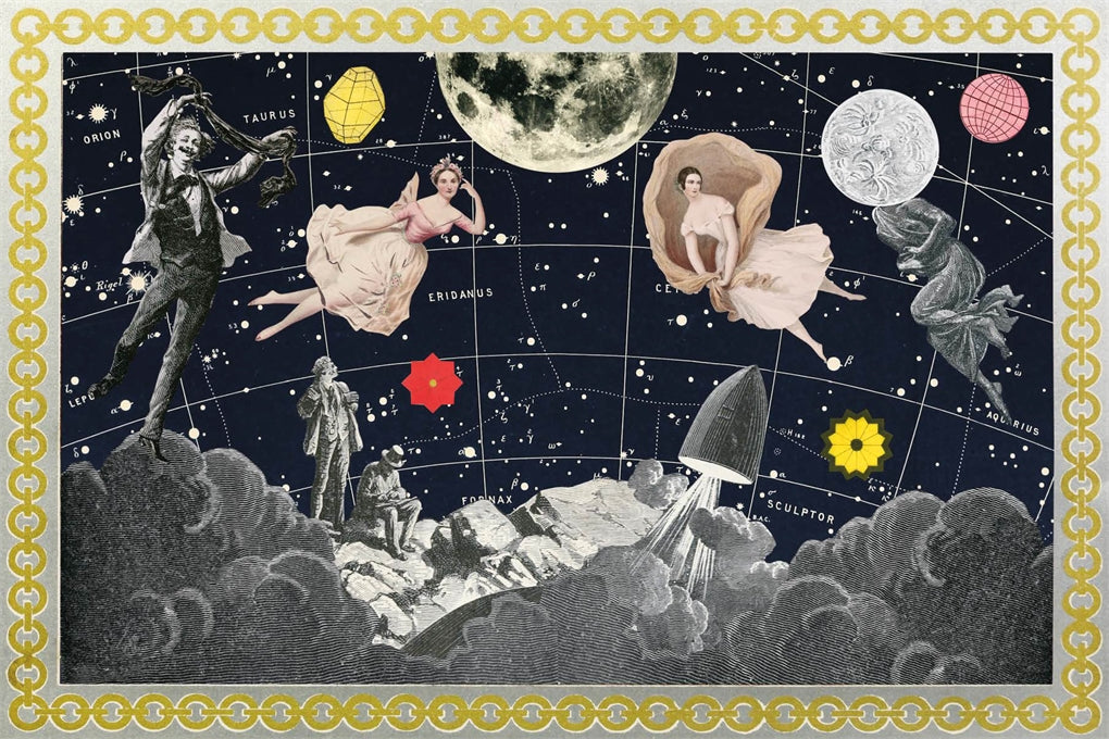 Interior page example from The Antiquarian Sticker Book: Mysterium- A surreal celestial collage artwork featuring floating women in pink dresses, a rocket, stars, planets, and the moon against a dark night sky, framed by a gold chain-style border.