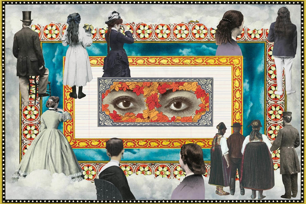 Interior page example from The Antiquarian Sticker Book: Mysterium- A surreal collage-style artwork showing multiple figures in vintage clothing floating among clouds around a central ornate frame, with a pair of eyes painted in red, orange, and yellow tones at the heart of the composition.