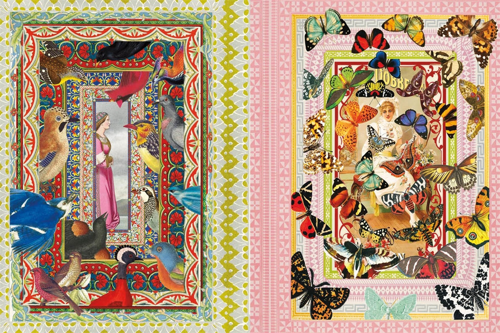 Interior page example from The Antiquarian Sticker Book: Mysterium- Two  panels shown side by side, each featuring a dense vintage-style illustration with many butterflies, birds, floral motifs, and a central figure in a pink dress. The left panel has a red and gold ornate border, and the right panel has a pink patterned border.