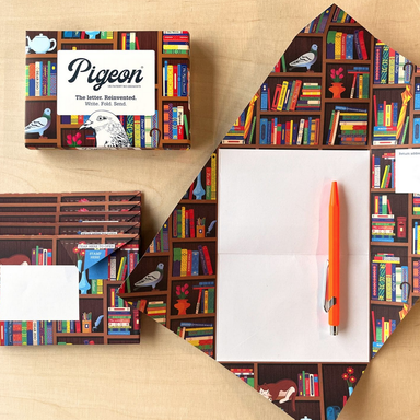 Pigeon Post- Bookstore theme with packagint, one smaple open shown with pen along with 5 others stacked