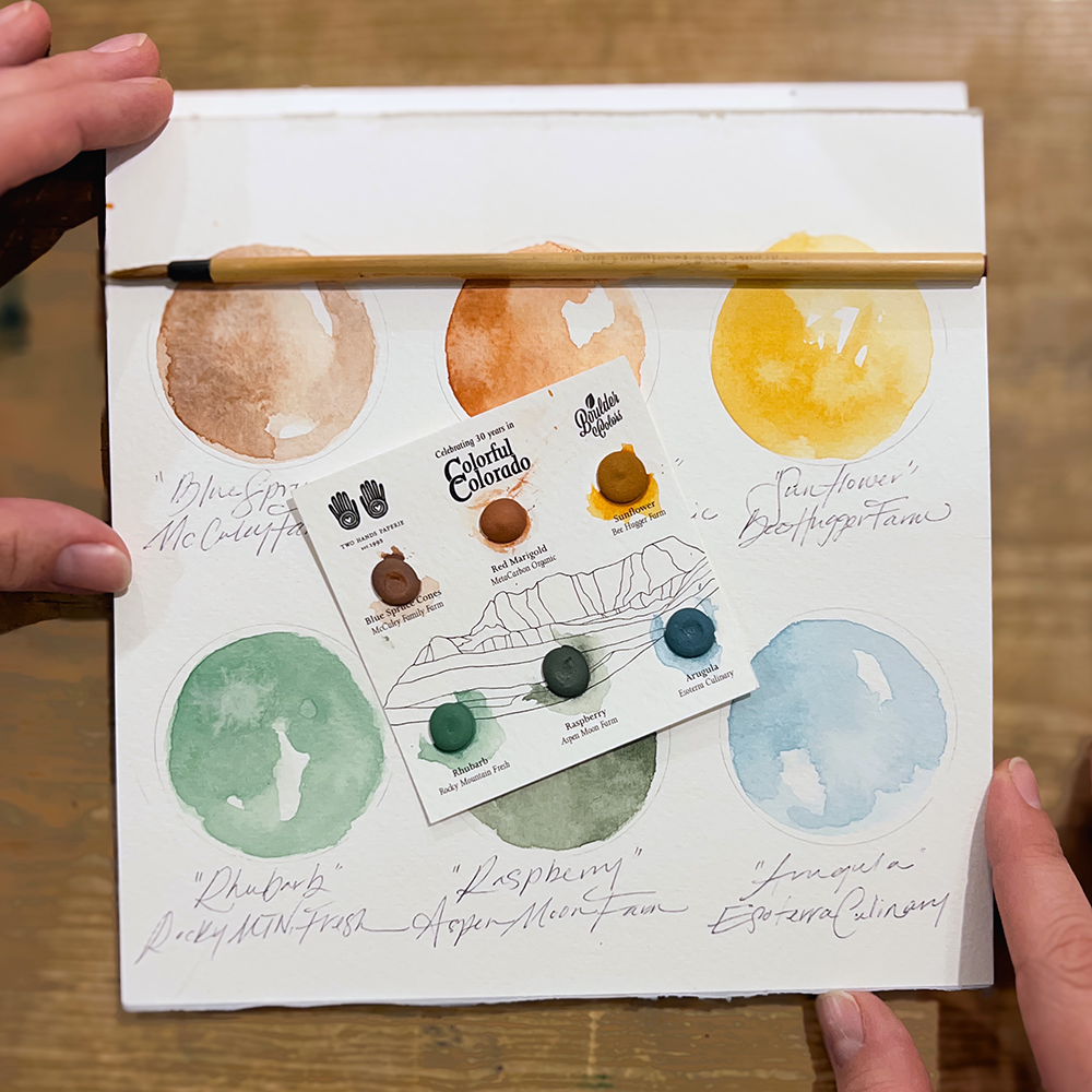 Colorful Colorado Watercolor Dot Card with paint sample colors and watercolor brush