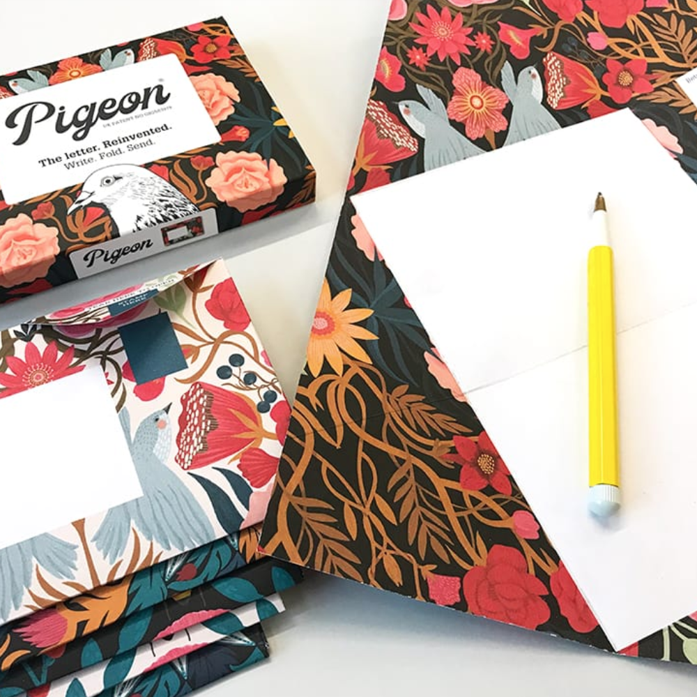 Pigeon Post- Bright & Beautiful floral and bird theme packaging with one open with pen and 5 remaining in a stack