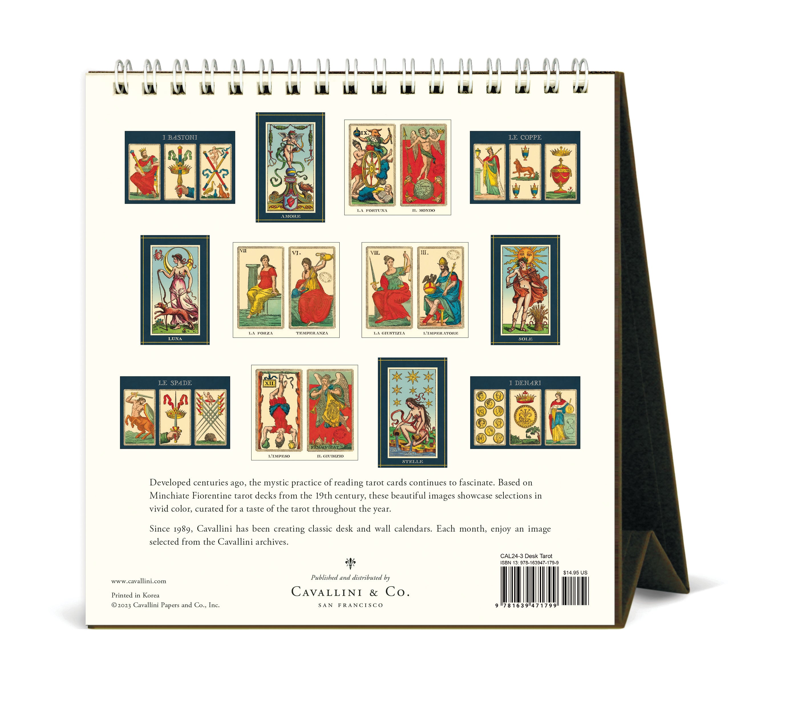 Image of back cover of 2024 Cavallini & Co. Tarot Desk Calendar