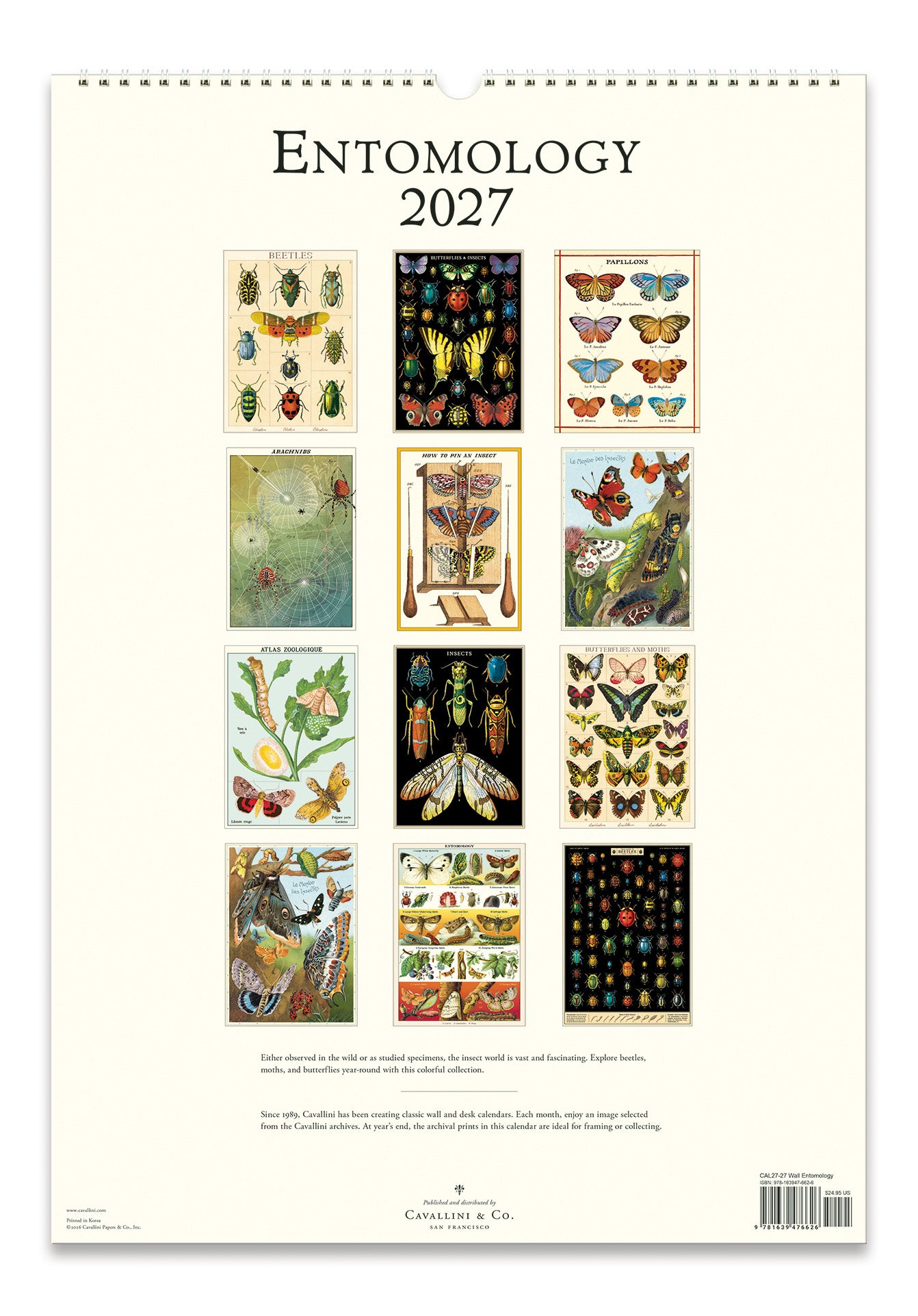 2027 entomology calendar back cover with illustrations of insects on a white background from all 12 months of the year.