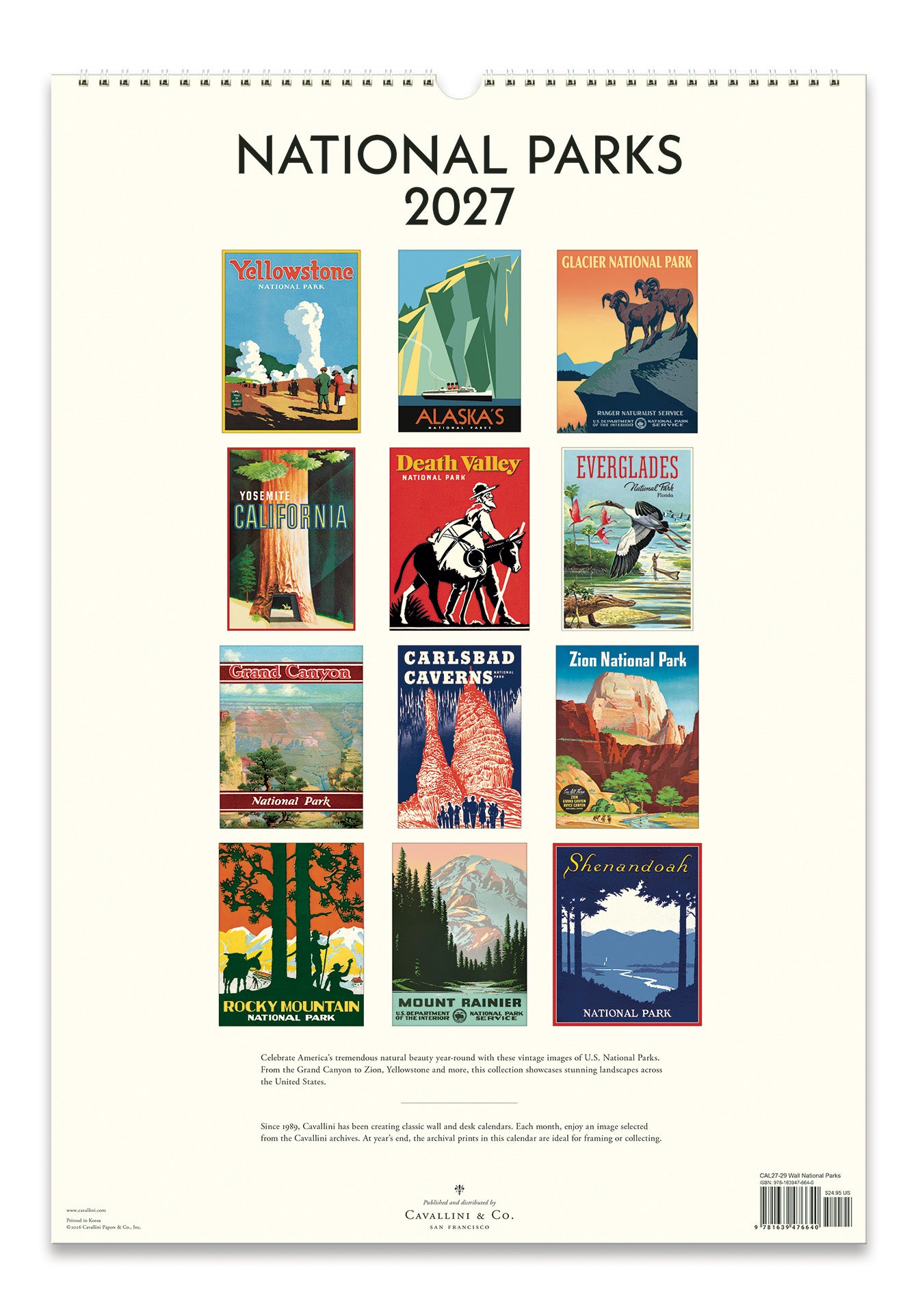 A spiral-bound 2027 National Parks wall calendar showing the back page featuring a grid of 12 vintage-style travel poster illustrations for different national parks.