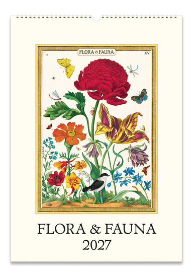Flora & Fauna 2027 calendar front cover with illustrations of flowers and birds on a white background