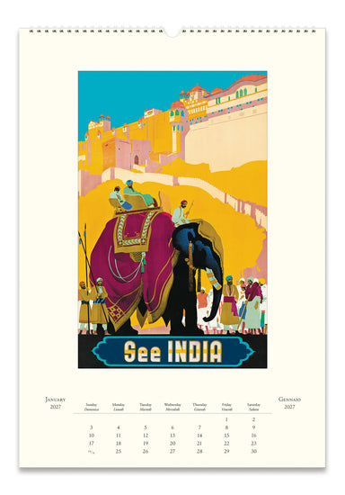 2027 Cavallini & Co. Vintage Travel Wall Calendar January page, with the text 'See INDIA' and a calendar grid for January 2027 at the bottom, shown against a white background.