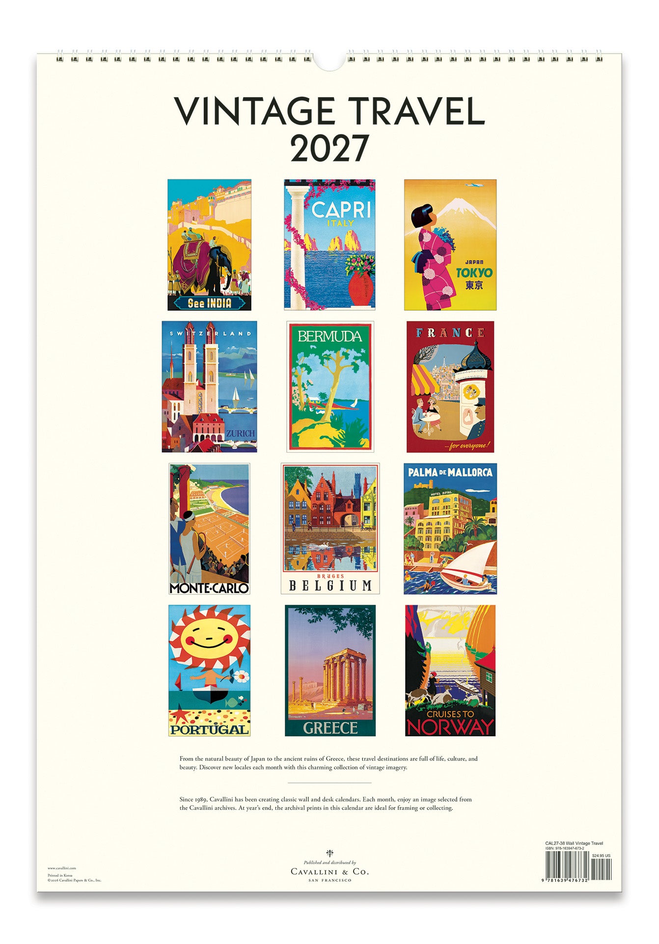 Vintage travel calendar back page with 12 months of images shown. 