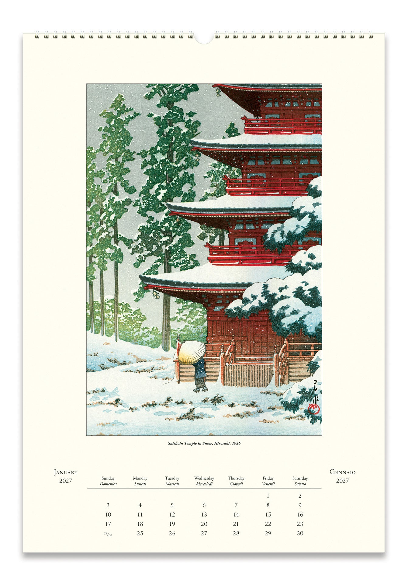 A example page of a wall calendar showing a vintage-style winter illustration of a red pagoda surrounded by snow-covered trees. The page has a cream border with a spiral hole at the top and a small monthly calendar grid printed along the bottom.
