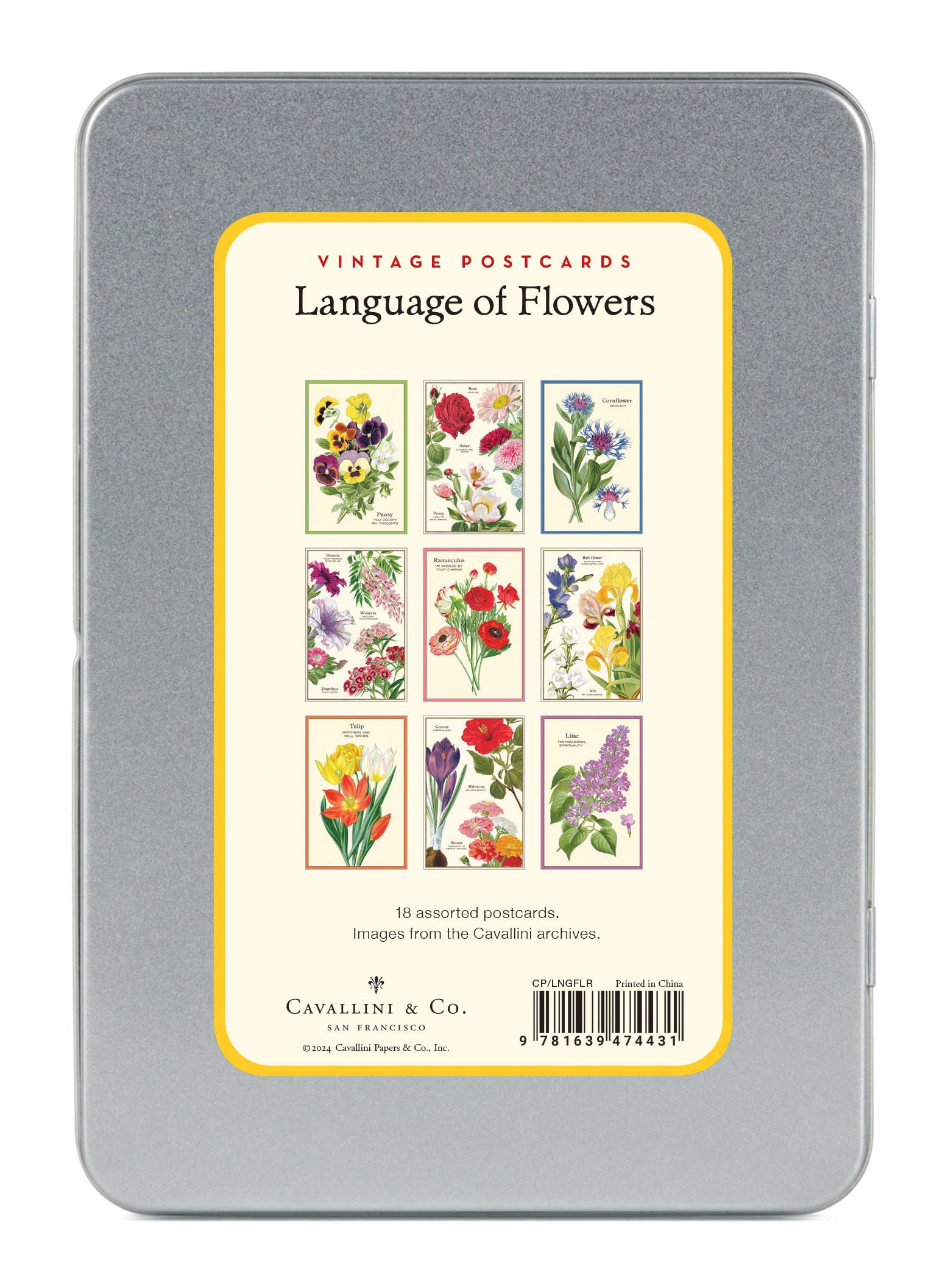 Language of Flowers Vintage Postcards by Cavallini & Co. back of tin showing 9 styles of postcards