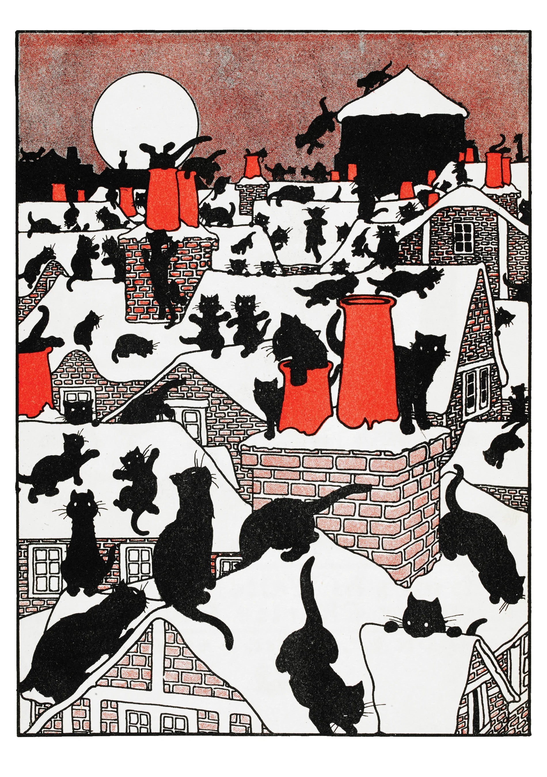 Charles Robinson: A Black Cat Holiday Holiday Cards- A vintage-style illustration showing many black cat silhouettes across snowy rooftops and chimneys under a pale moon, with red-orange chimneys and a dusty pink sky.