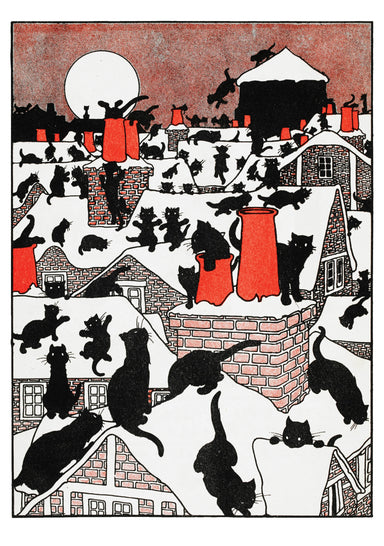 Charles Robinson: A Black Cat Holiday Holiday Cards- A vintage-style illustration showing many black cat silhouettes across snowy rooftops and chimneys under a pale moon, with red-orange chimneys and a dusty pink sky.