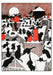 Charles Robinson: A Black Cat Holiday Holiday Cards- A vintage-style illustration showing many black cat silhouettes across snowy rooftops and chimneys under a pale moon, with red-orange chimneys and a dusty pink sky.