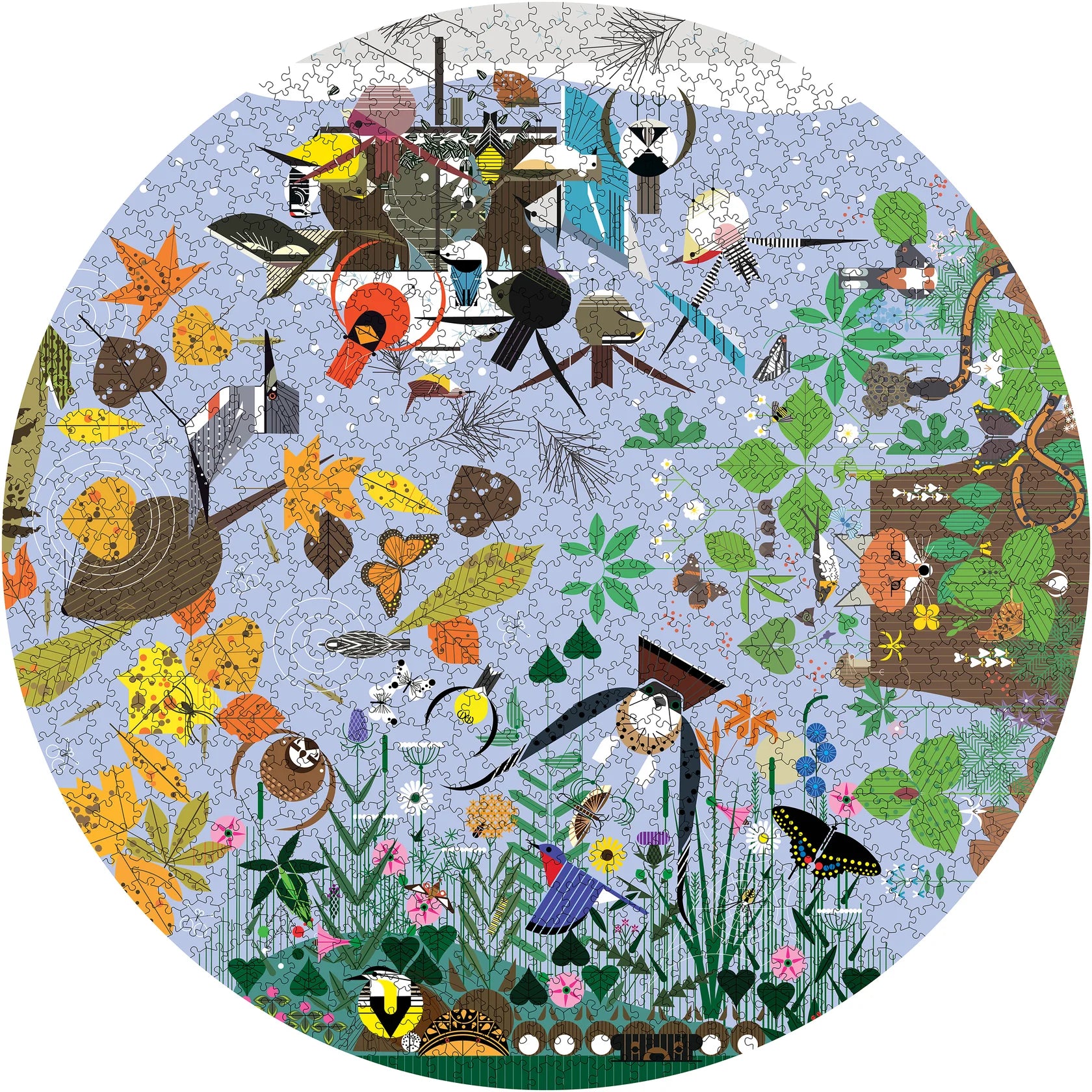 Charley Harper: Seasons 1000-Piece Circular Jigsaw Puzzle finished puzzle image