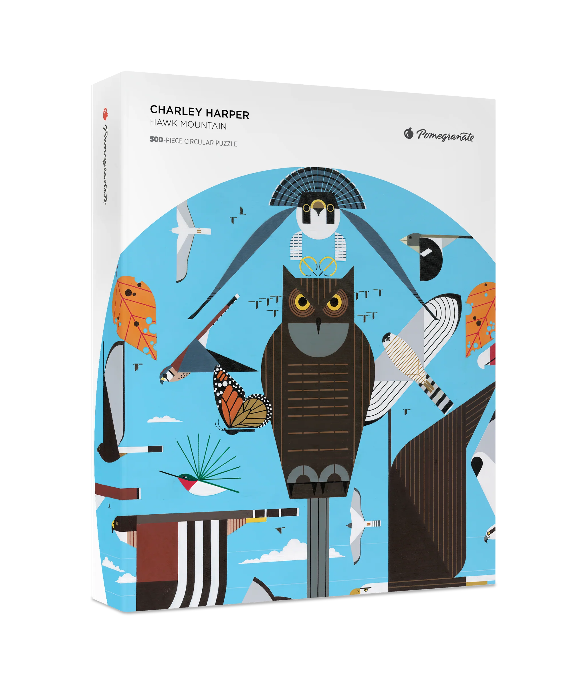 Charley Harper Hawk Mountain 500 Piece Circular Puzzle- Pomegranate puzzle box with Charley Harper artwork featuring an owl and other birds on a blue background.