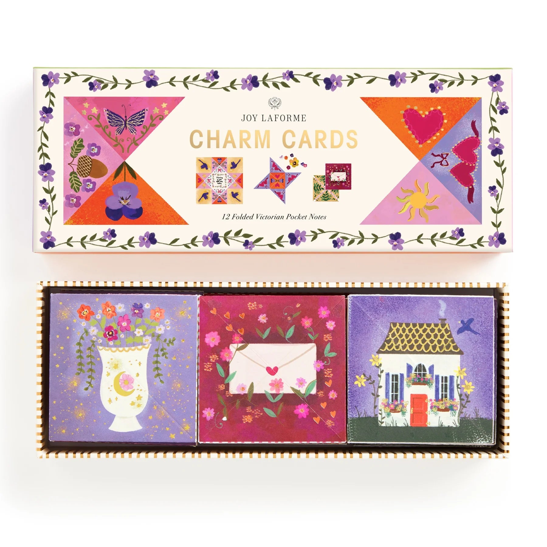 Charm Cards- Folded Victorian Pocket Notes by Joy Laforme front cover and open box shown.