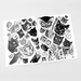 Two sheets of black and white cat-themed illustrations on a light gray background