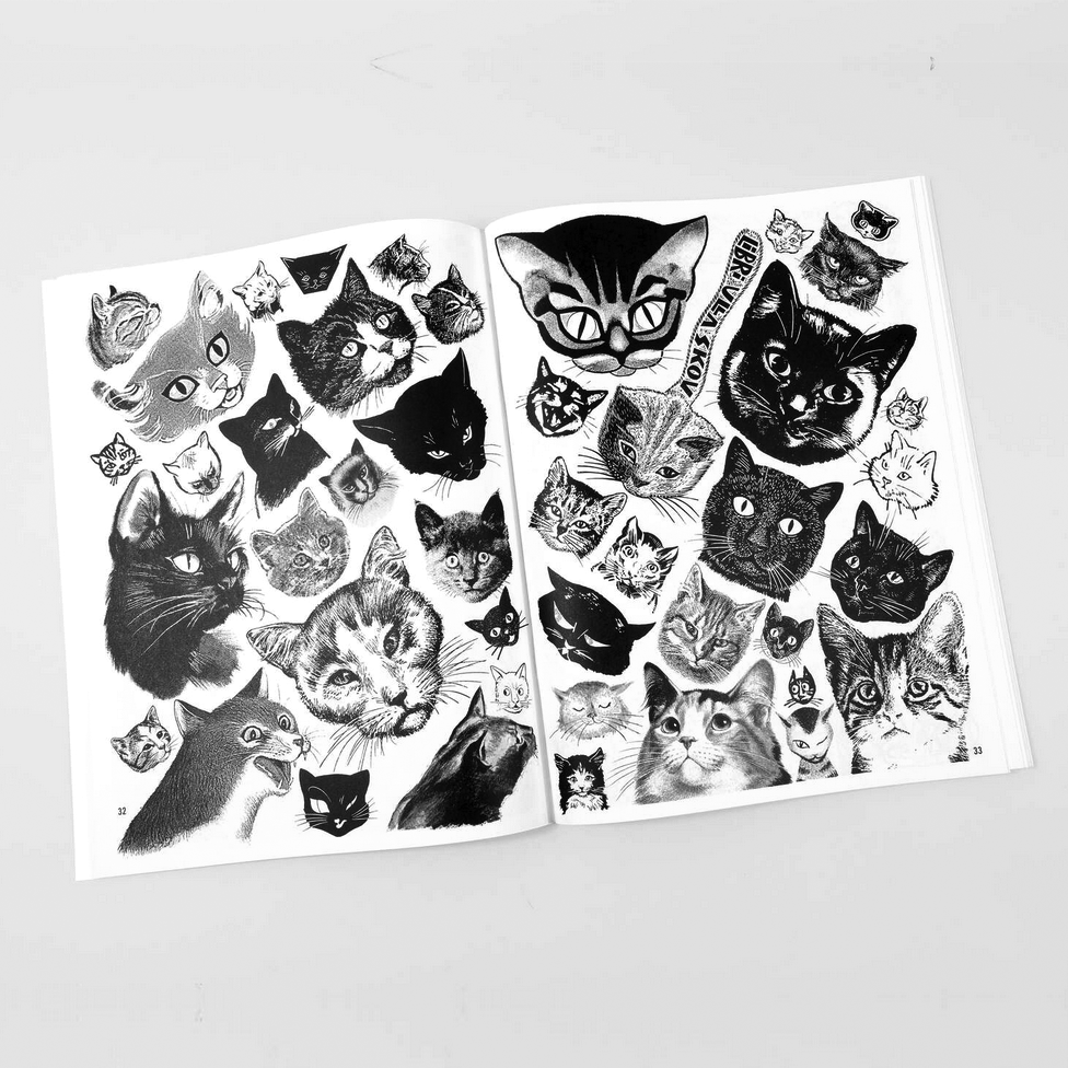 Two sheets of black and white cat-themed illustrations on a light gray background