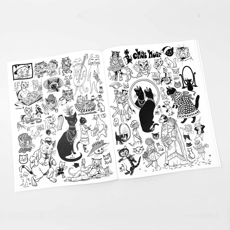Two sheets of black and white cat-themed illustrations on a light gray background