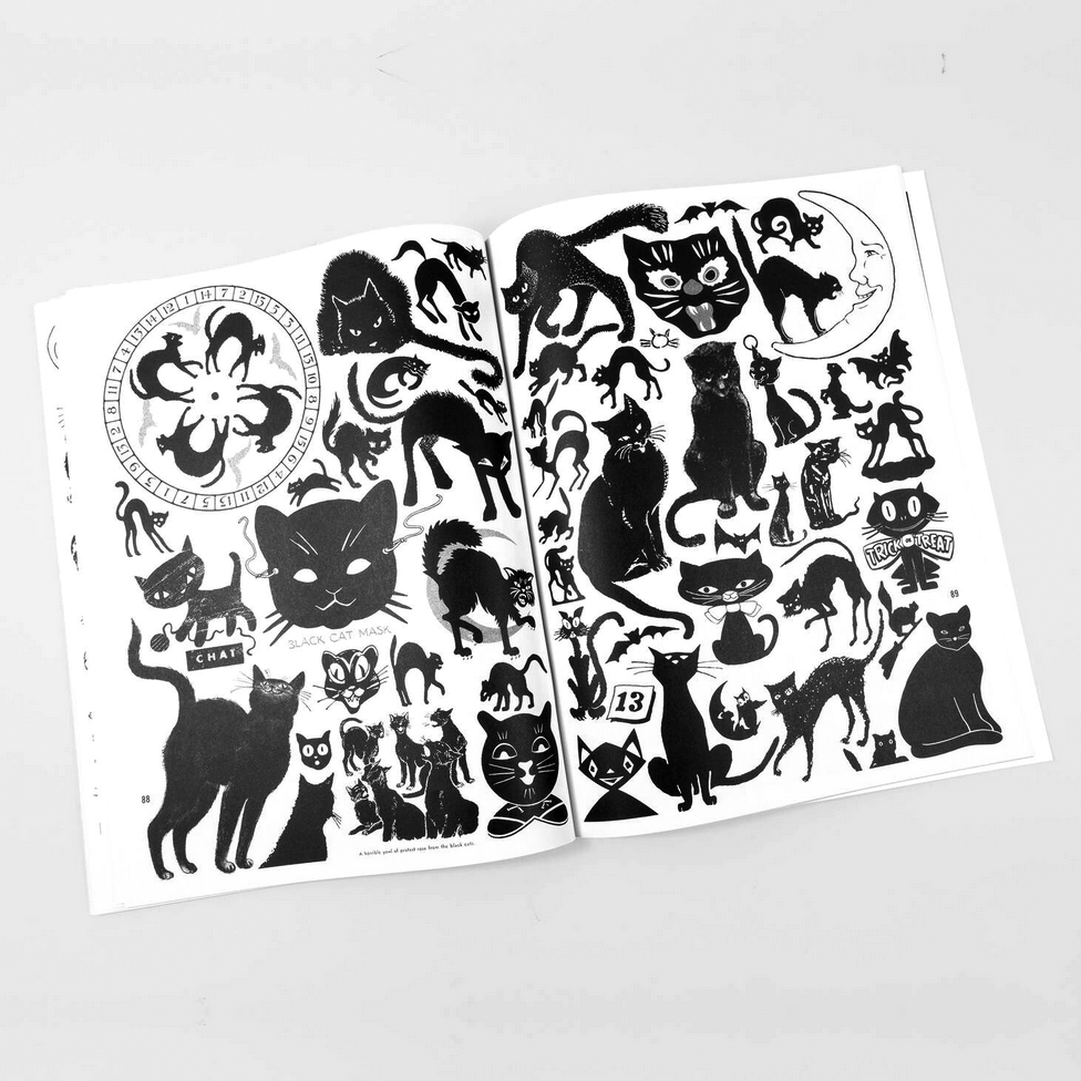 Two sheets of black cat illustrations on a white background