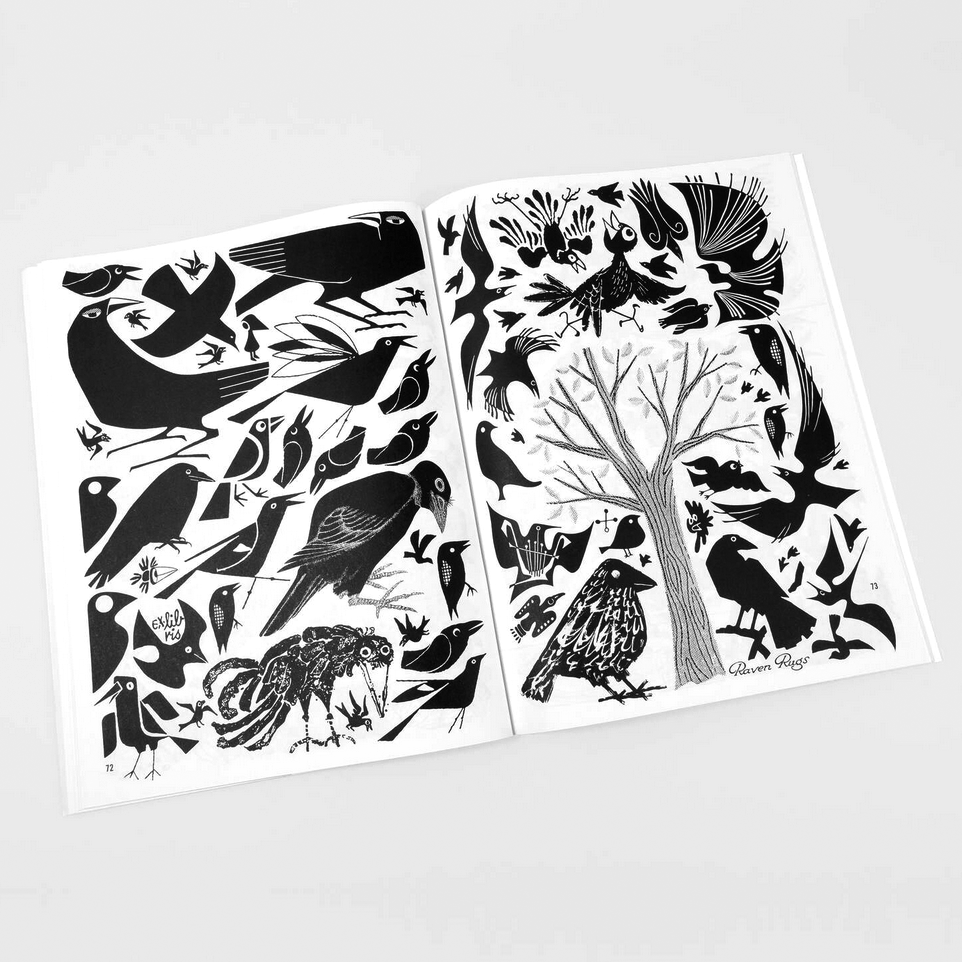 Open book with black and white illustrations of crows and a tree on a light gray background