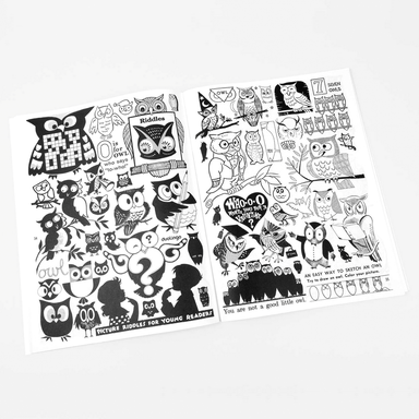 Open book of owl-themed black and white illustrations on a white background