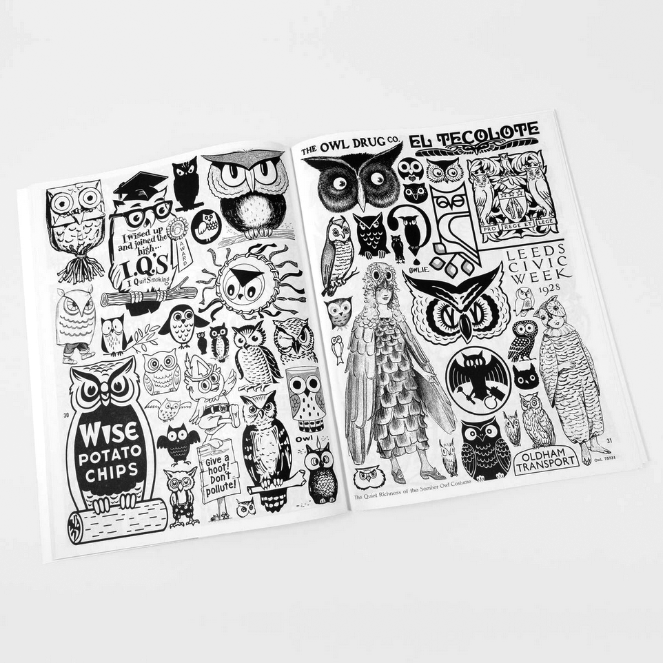 Open book of owl-themed black and white illustrations on a white background