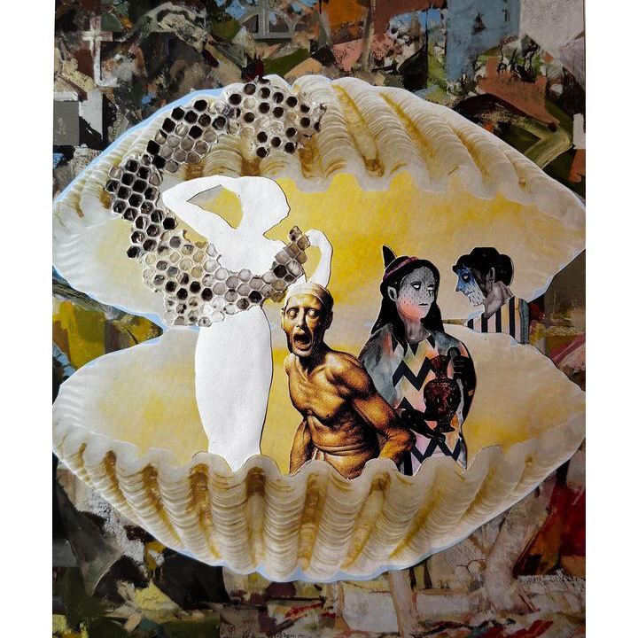 Collage - Revisioning Women's History class example   with large clam shell with three figures emerging