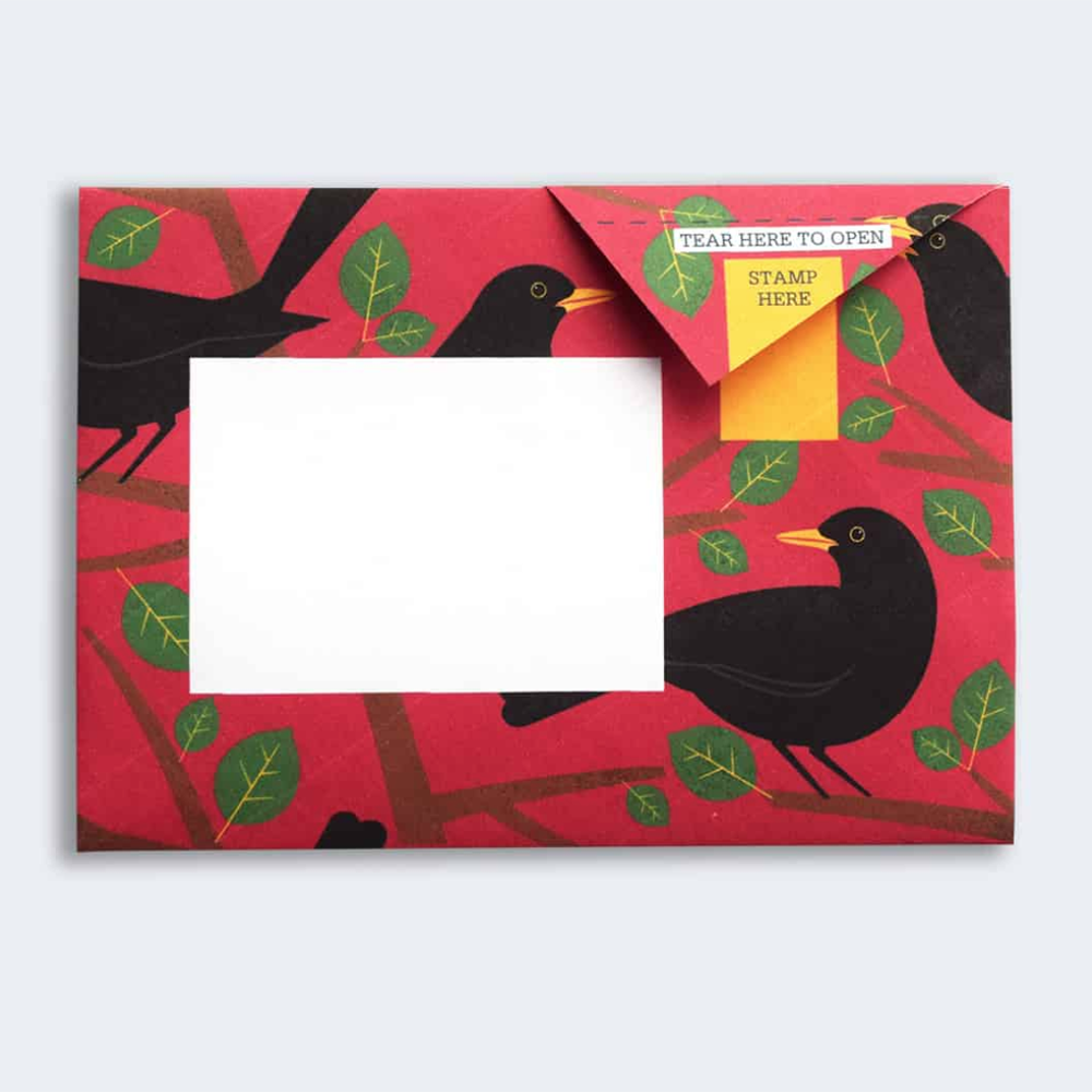 Pigeon Post- Dawn Chorus sample with black birds on red background showing address area
