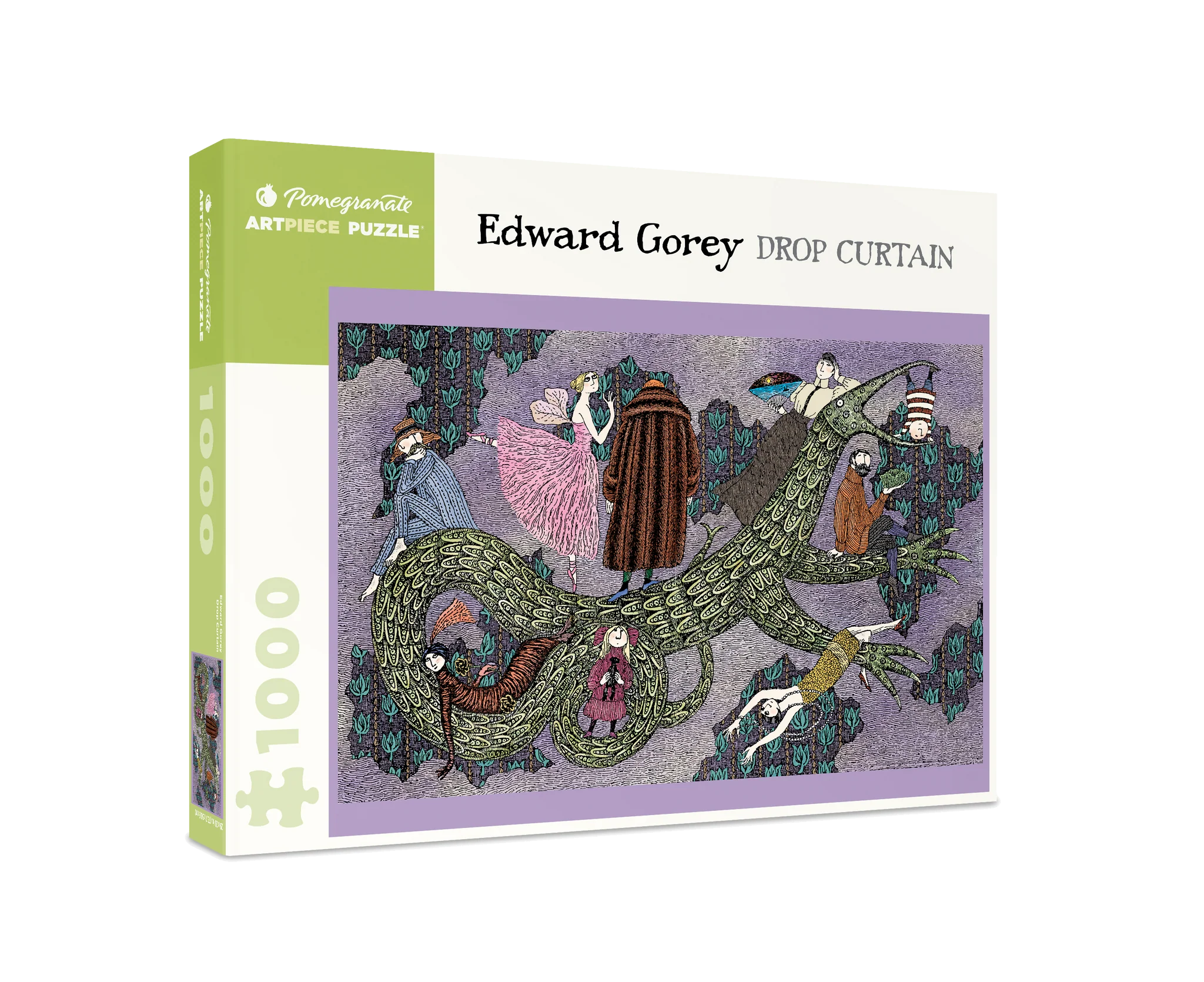 Pomegranate Edward Gorey 'Drop Curtain' puzzle packaging on a white background