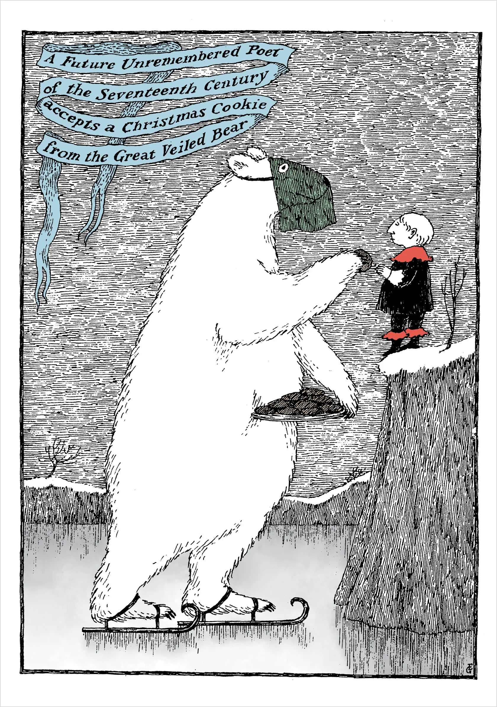 A black and white illustrated card showing a large polar bear wearing a green veil and handing a cookie to a small child-like figure on a snowy ledge, with blue banners containing text at the upper left.