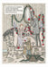 Edward Gorey Holiday Card showing a family decorating a fireplace with red ornaments and green garlands, plus a cat on a chair and a text box at the top reading, 'Suppilaliumas dozes while the family finishes decorating the fireplace.'.