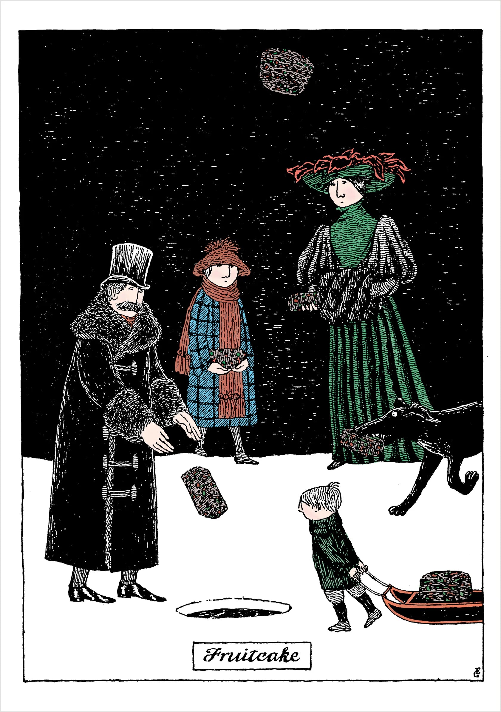 Edward Gorey Holiday Card showing a winter night scene with several people outdoors, a dog, and a floating fruitcake, with the word 'Fruitcake' printed at the bottom.