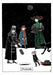 Edward Gorey Holiday Card showing a winter night scene with several people outdoors, a dog, and a floating fruitcake, with the word 'Fruitcake' printed at the bottom.