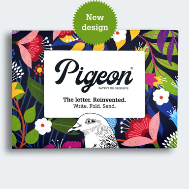 Pigeon product packaging with colorful floral design and bird illustration