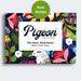 Pigeon product packaging with colorful floral design and bird illustration