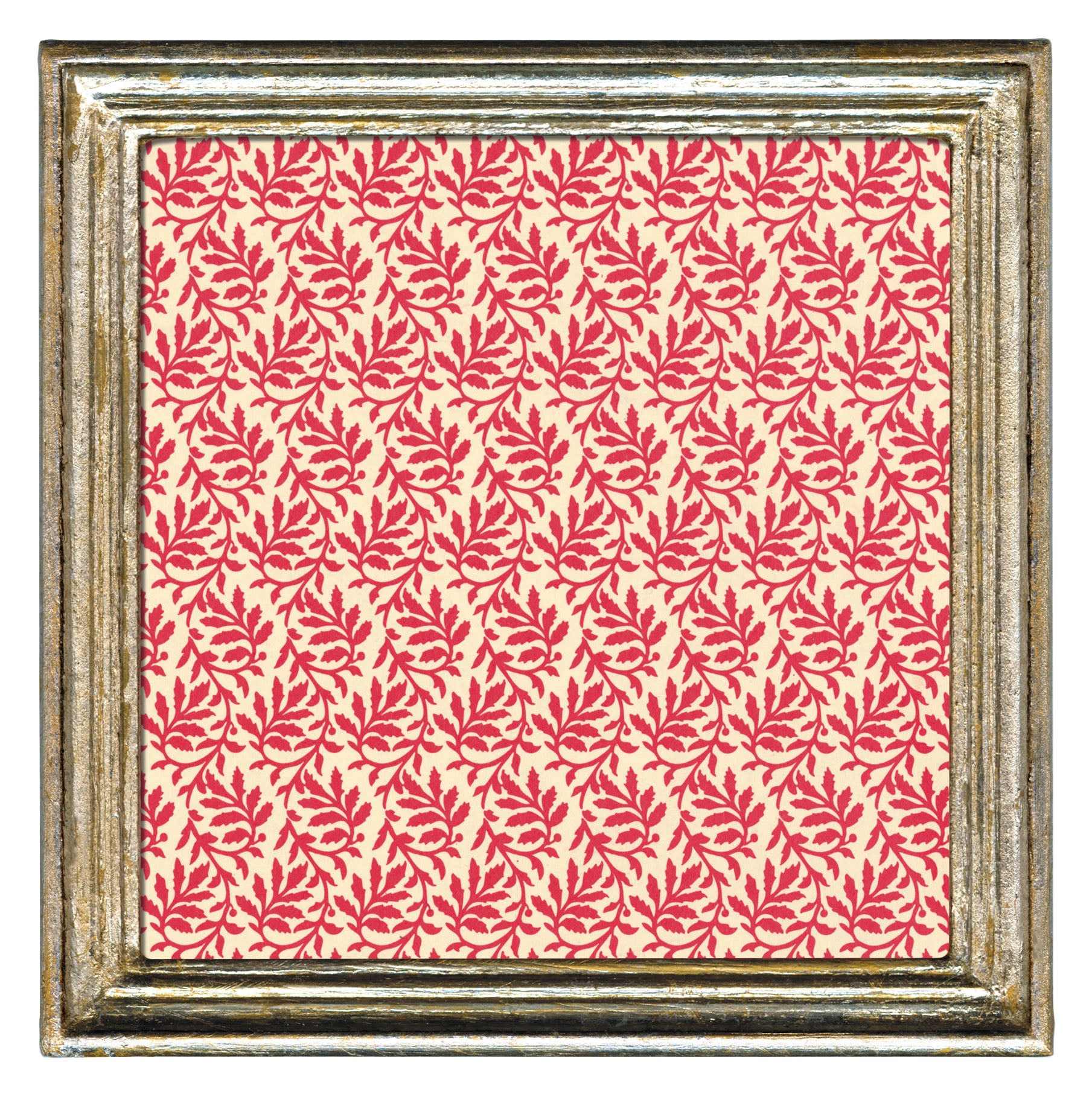 Cavallini & Co. 5 by 5 Inch Antico Silver Florentine Frame shown with a repeating red leaf pattern print in the frame. 