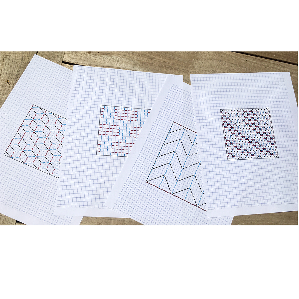 Sashiko Patch Class paper templates drawn on paper grid- 4 patterns shown