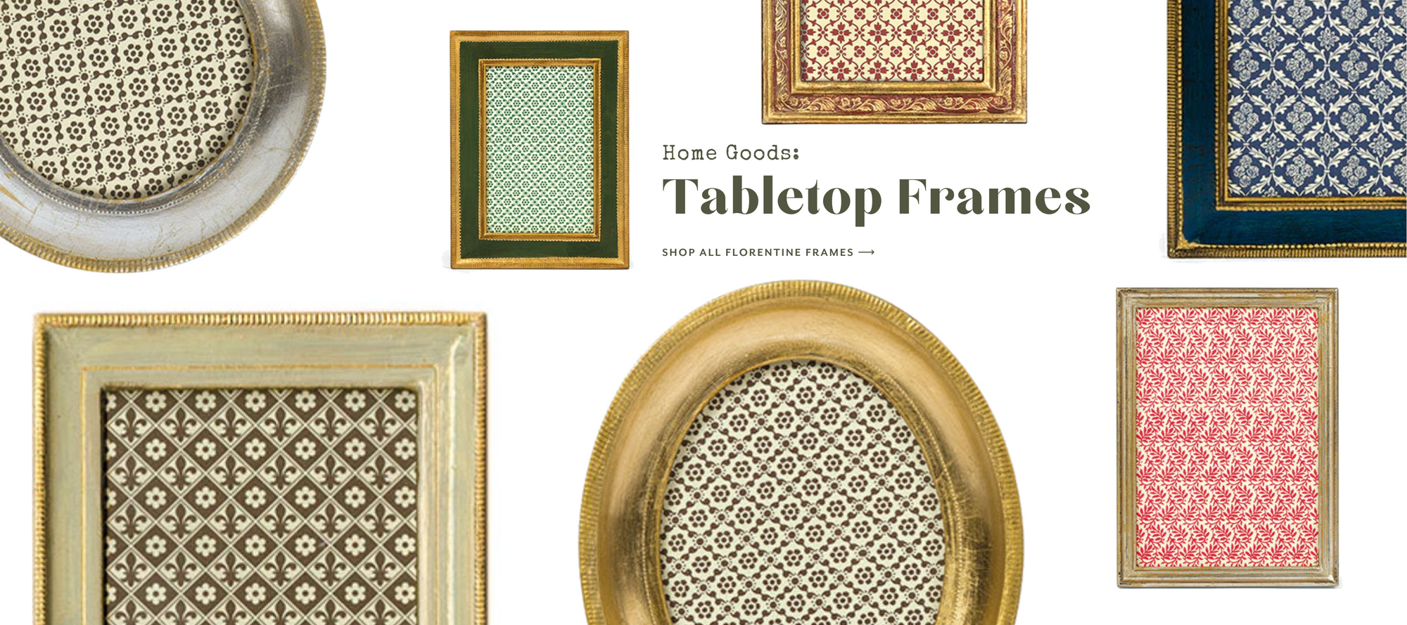 Italian Florentine Frames in gold, silver, blue, cream, and green. Shop All Tabletop Frames