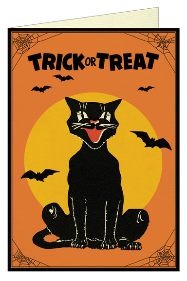 A Halloween greeting card featuring a black cat sitting in front of a large yellow moon on an orange background, with the words 'TRICK OR TREAT' at the top and bats flying around. 